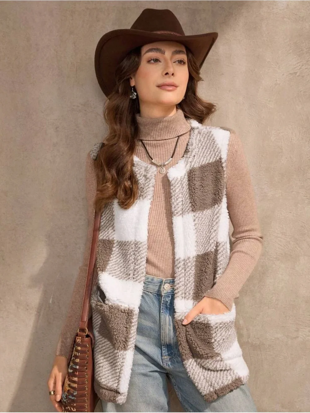 Cozy Plaid Teddy Vest in Beige & White